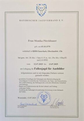 Zertifikat für Fallenjagd von 1A Jagdschule