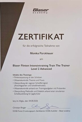 Zertifikat von Monika Pürckhauer aus der 1A Jadgschule