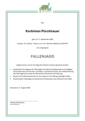 Zertifikat für Fallenjagd von 1A Jagdschule